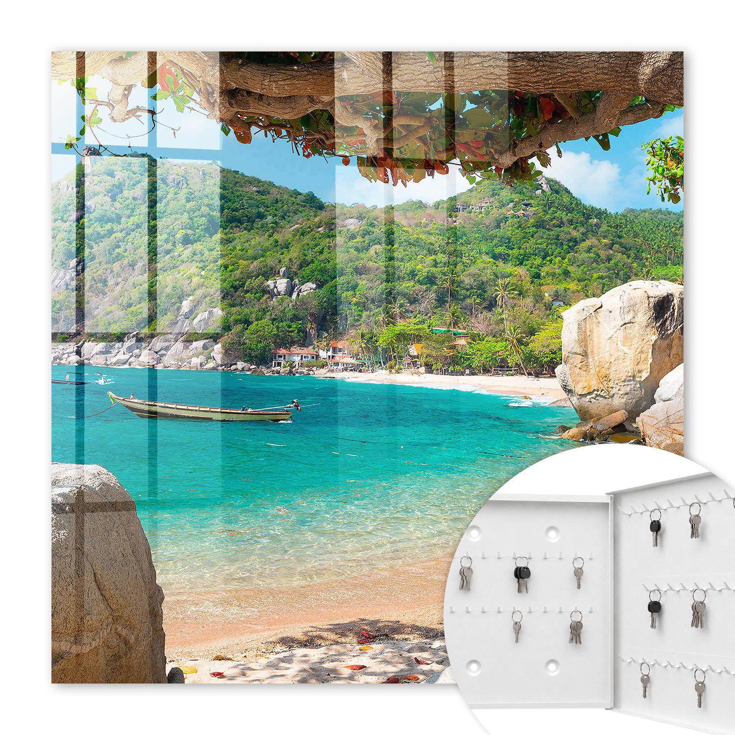 SCHLÜSSELBOX Weiß 30x30 cm – Türöffnung nach rechts - Ein paradiesischer Ausblick - Türkis, Metall (30/30/5cm) - TULUP