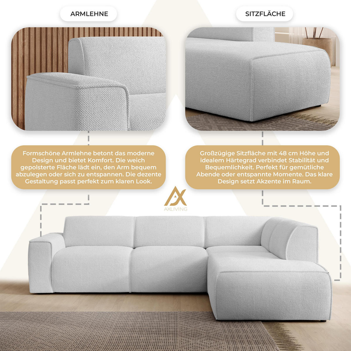 ECKSOFA L Form Didim Ivory 292/220/78 cm – großes Sofa stilvoll & bequem R - Greige/Champagner, Kunststoff/Textil (292/220cm) - AX Living