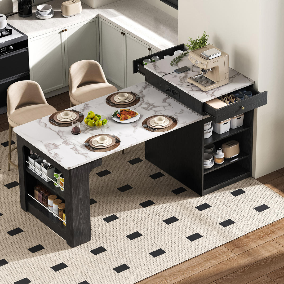 KÜCHENINSEL in Schwarz und Weiß Servierwagen mit ausziehbarer Tischplatte für Esszimmer und Küche, B71/T80/H92 cm - Schwarz/Weiß, Glas/Holzwerkstoff (151/92/80cm) - STILVORA