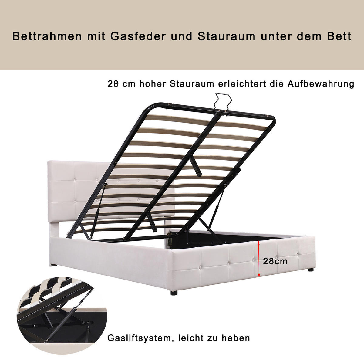 POLSTERBETT mit Samtbezug 140x200 cm Cremeweiß mit hydraulischem Bettkasten - Weiß, Textil (140/200cm) - IVMEU