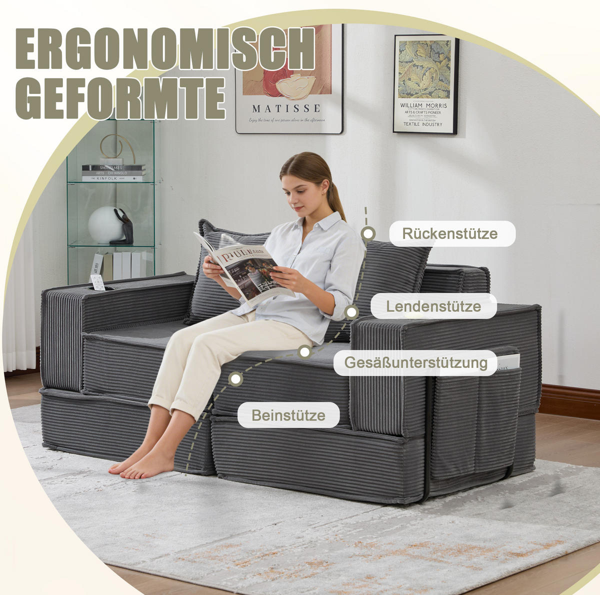 2-SITZER-SOFA 162/78/66 cm mit 2 Kissen, Seitentaschen und modularem Cord-Design, Dunkelgrau - Dunkelgrau, Textil (162/66/78cm) - Redom