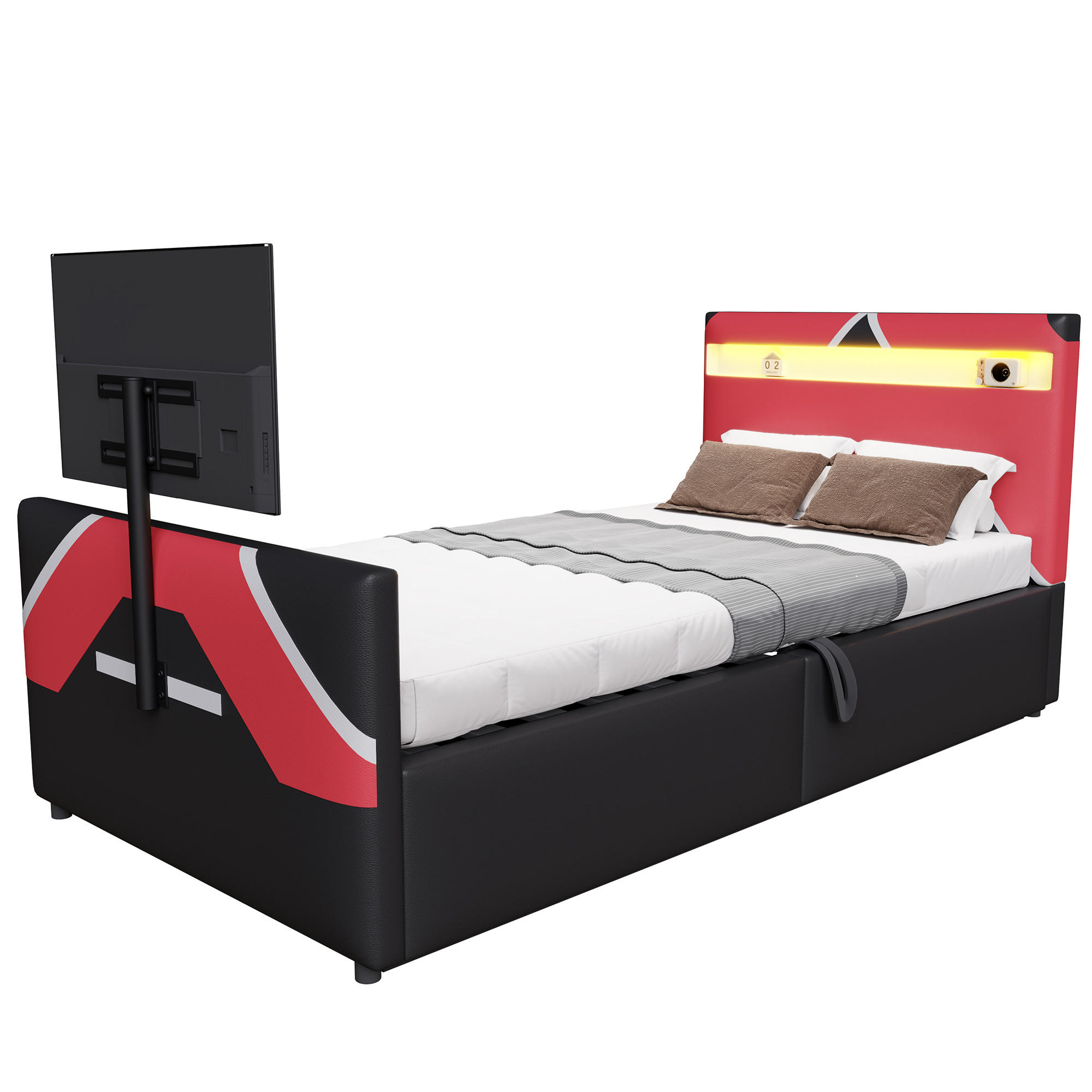 KINDERBETT 90/200 cm in Schwarz mit Stauraum, LED und TV-Halterung - Rot/Schwarz, Holzwerkstoff/Textil (90/200cm) - WISHDOR