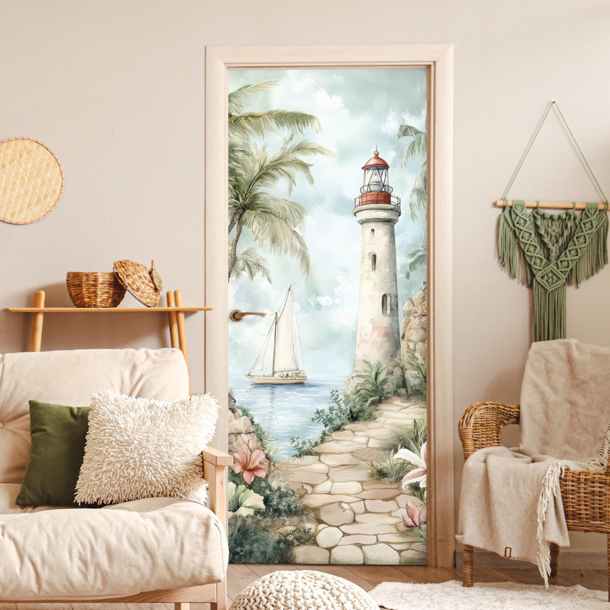 NALJEPNICA ZA VRATA Svjetionik 95x215 cm - boje hrasta, plastika (95/0.1cm) - MuchoWow