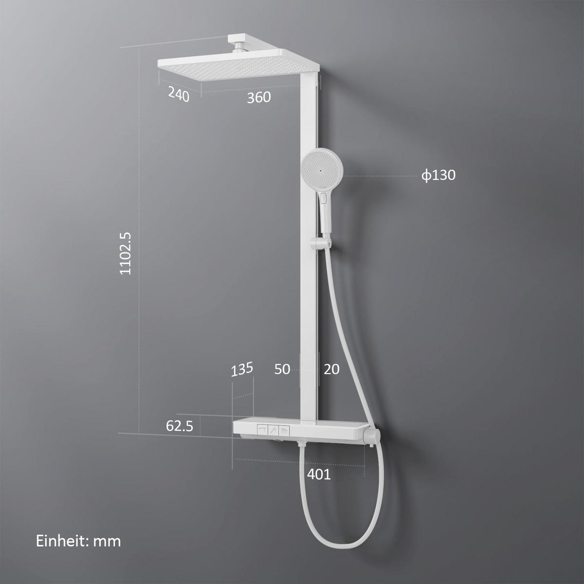 ÜBERKOPFBRAUSESET mit Brausethermostat Temperaturanzeige Weiß - Weiß, Metall (43.7/112.2/62.5cm) - EMKE