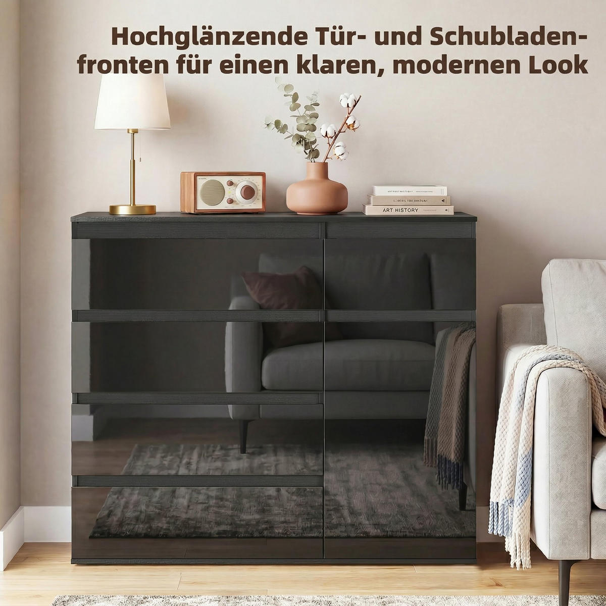 SIDEBOARD Schwarz Hochglanz mit 5 Schubladen und Soft-Close-Tür - Schwarz, Holzwerkstoff (100/80/40cm) - PANGIVO