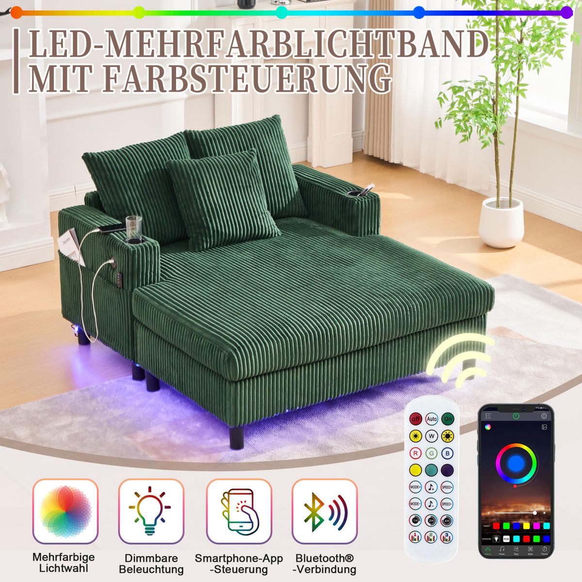 SCHLAFSOFA,SCHLAFSESSEL,SCHLAFCOUCH Grün, Cordbezug mit Beleuchtung&USB und Getränkehalter - Grün, Textil (142/85/128cm) - PARAFTA HOME