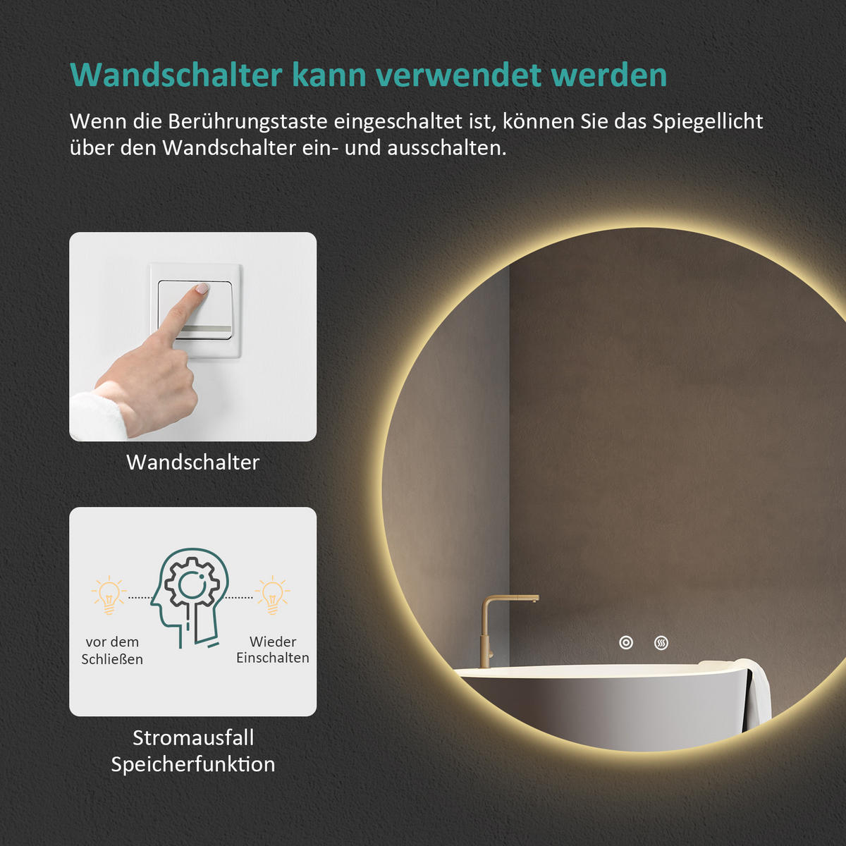 BADSPIEGEL Runder mit Antibeschlag Dreifarbige Beleuchtung ф70 cm - Weiß, Glas (70/3.5/70cm) - EMKE