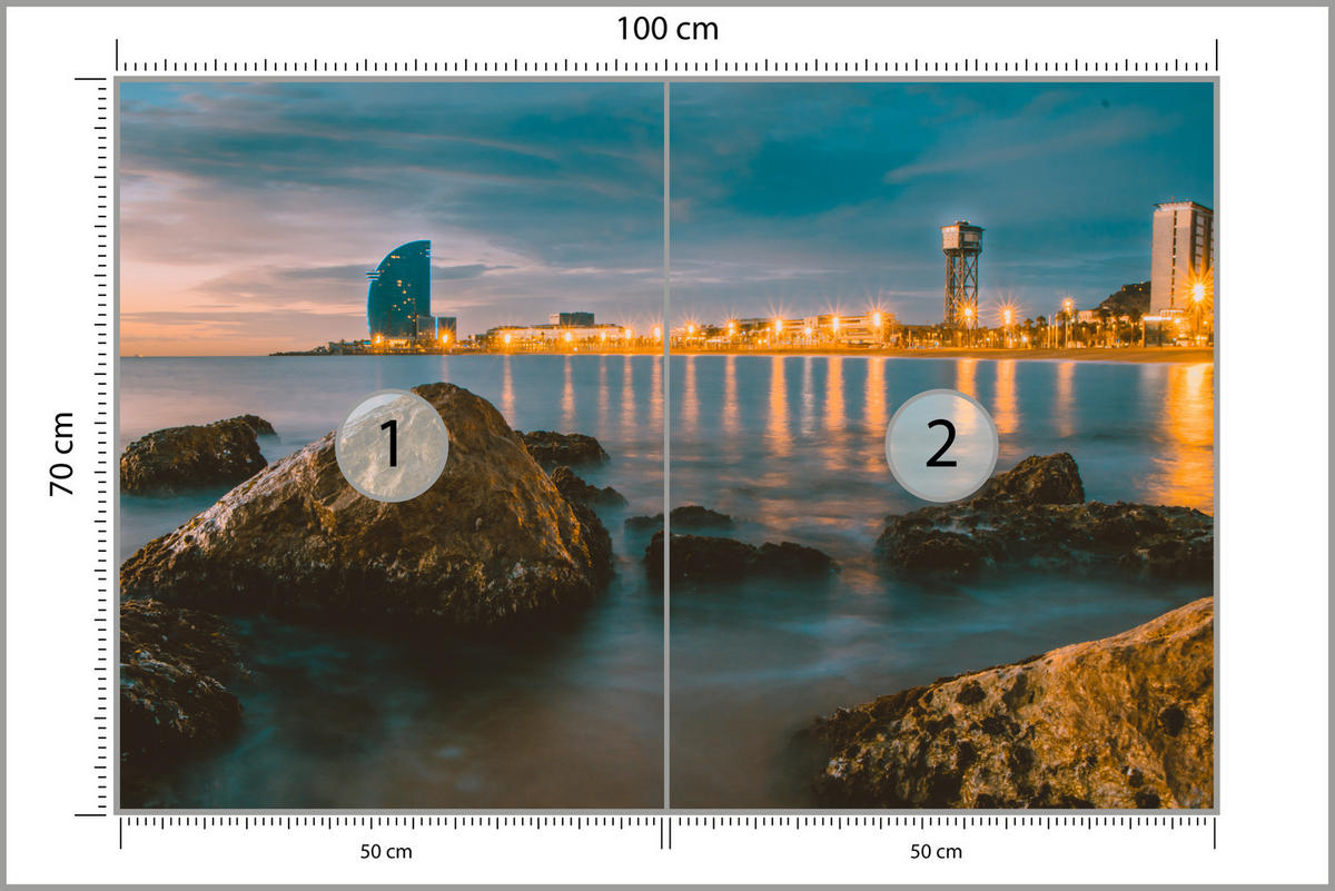 FOTOTAPETE für Wohnzimmer Barcelona Küste Nacht Meer Felsen 100x70 - Blau, Papier (100/70cm) - Muralo