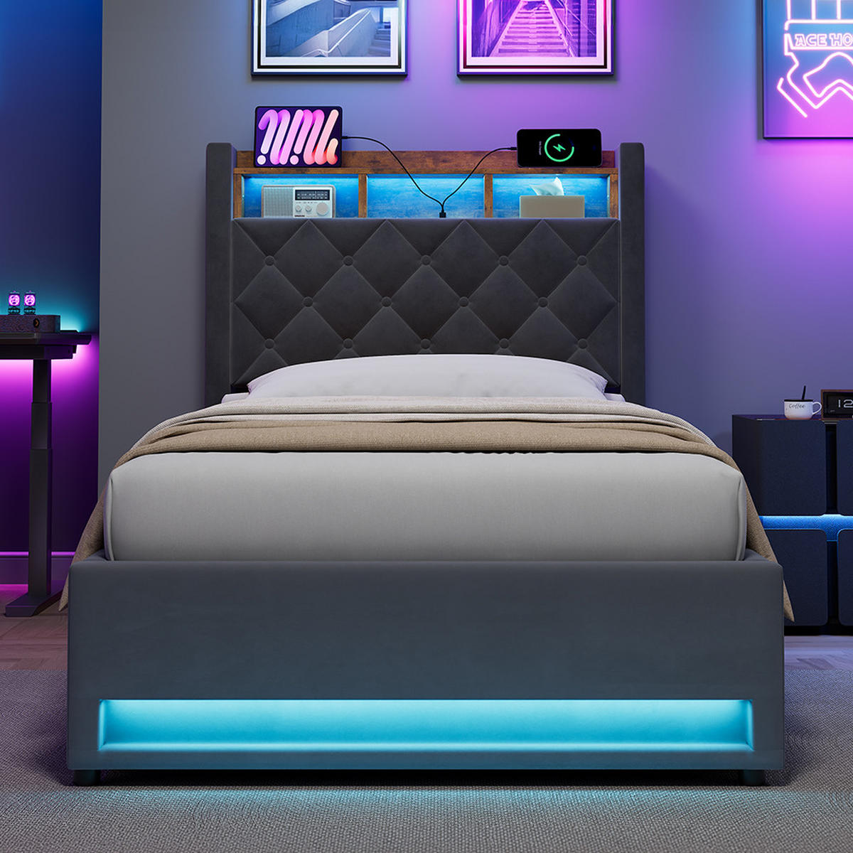 POLSTERBETT 90/200 cm mit Matratze und Bettkasten Boxspringbett mit Steckdose und LED-Licht, in Grau - Grau, Holzwerkstoff/Textil (90/200cm) - STILVORA