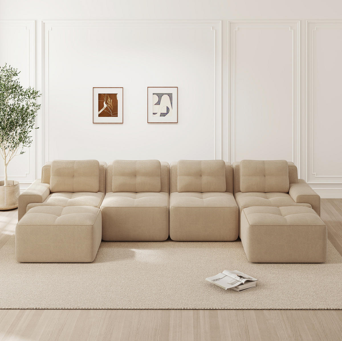 WOHNLANDSCHAFT 382/177/69 cm in Beige aus Cord mit Tiefsitz und modularer Form - Beige, Textil (177/69/382cm) - Flora Grace