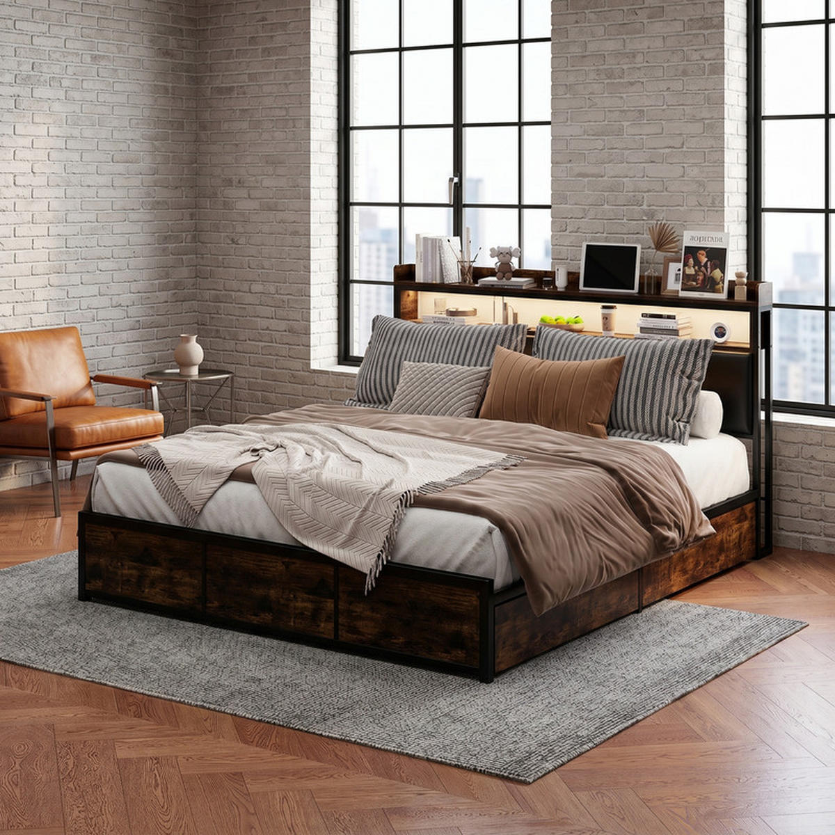 METALLBETT 180/200 cm mit Schubladen und LED - Schwarz, Holz - SHOPENTRA