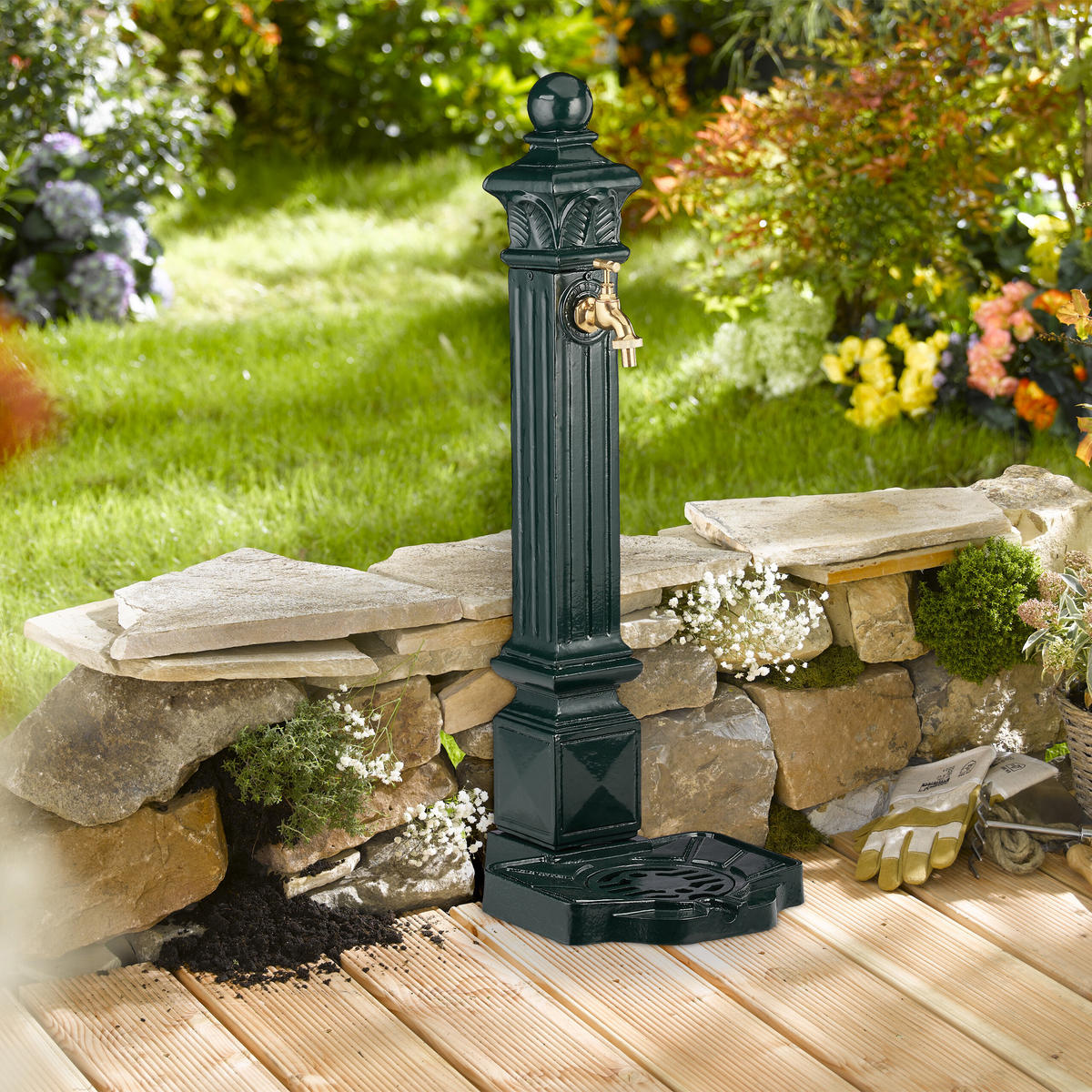 STANDBRUNNEN - Dunkelgrün, Metall (32/28/80cm) - Relaxdays