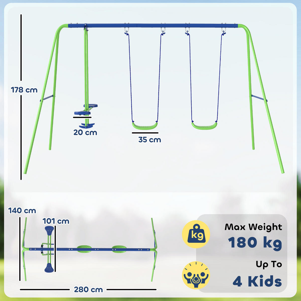 SCHAUKELGESTELL, Outdoor-Schaukelgerüst mit 2 Schaukeln, 1 Wippe, Grün - Grün, Metall (140/280cm) - Outsunny