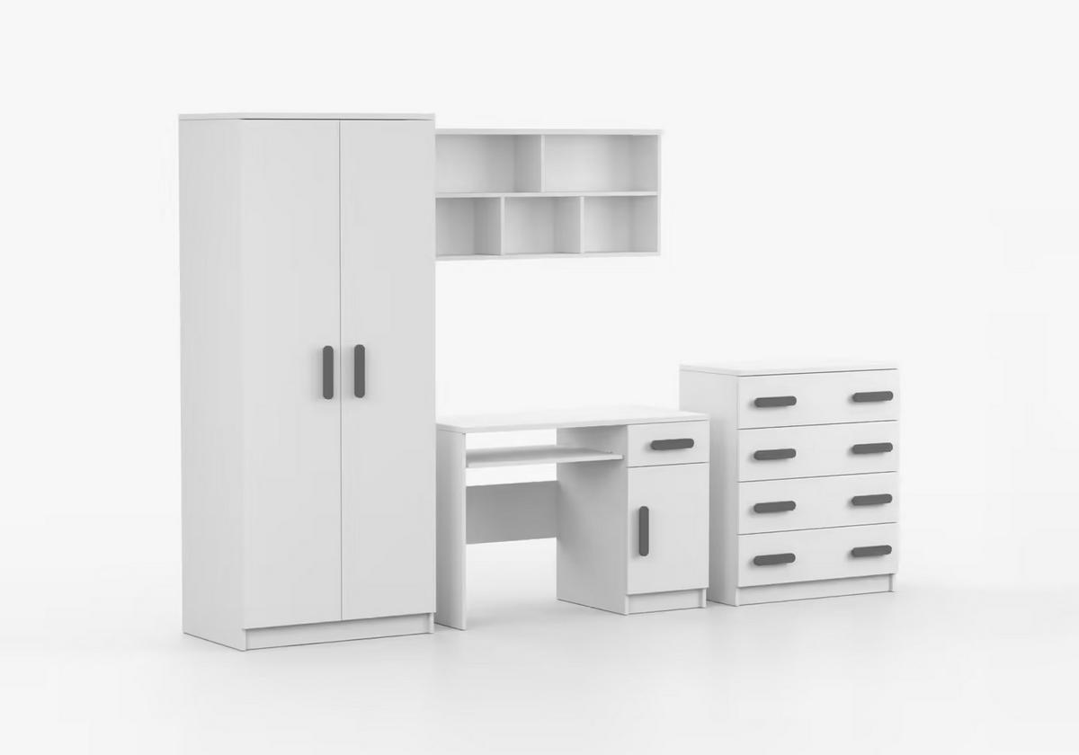 JUGENDZIMMER Elora in Weiß – 4-teiliges Set mit Schreibtisch, Kommode, Wandregal und Schrank – Grifffarbe Grau - Weiß, Holzwerkstoff (80/200/120cm)