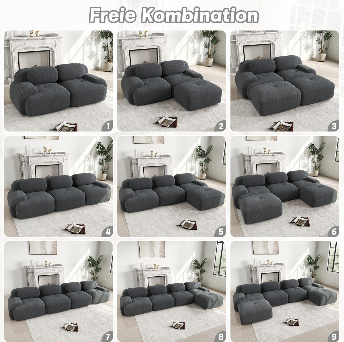 ECKSOFA 298/178/75 cm grau aus Cordstoff modular, rahmenlos und montagefrei - Grau, Textil (178/298cm) - OKWISH