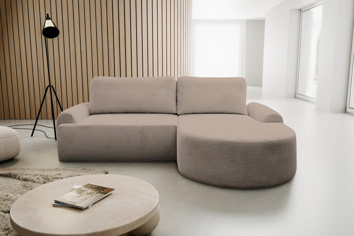 ECKSOFA Dream Cord in L-Form mit Schlaffunktion und Bettkasten, Farbe: Braun, Cordstoff, Ottomane Rechts - Braun, Textil (260/136cm) - VENASI MÖBEL