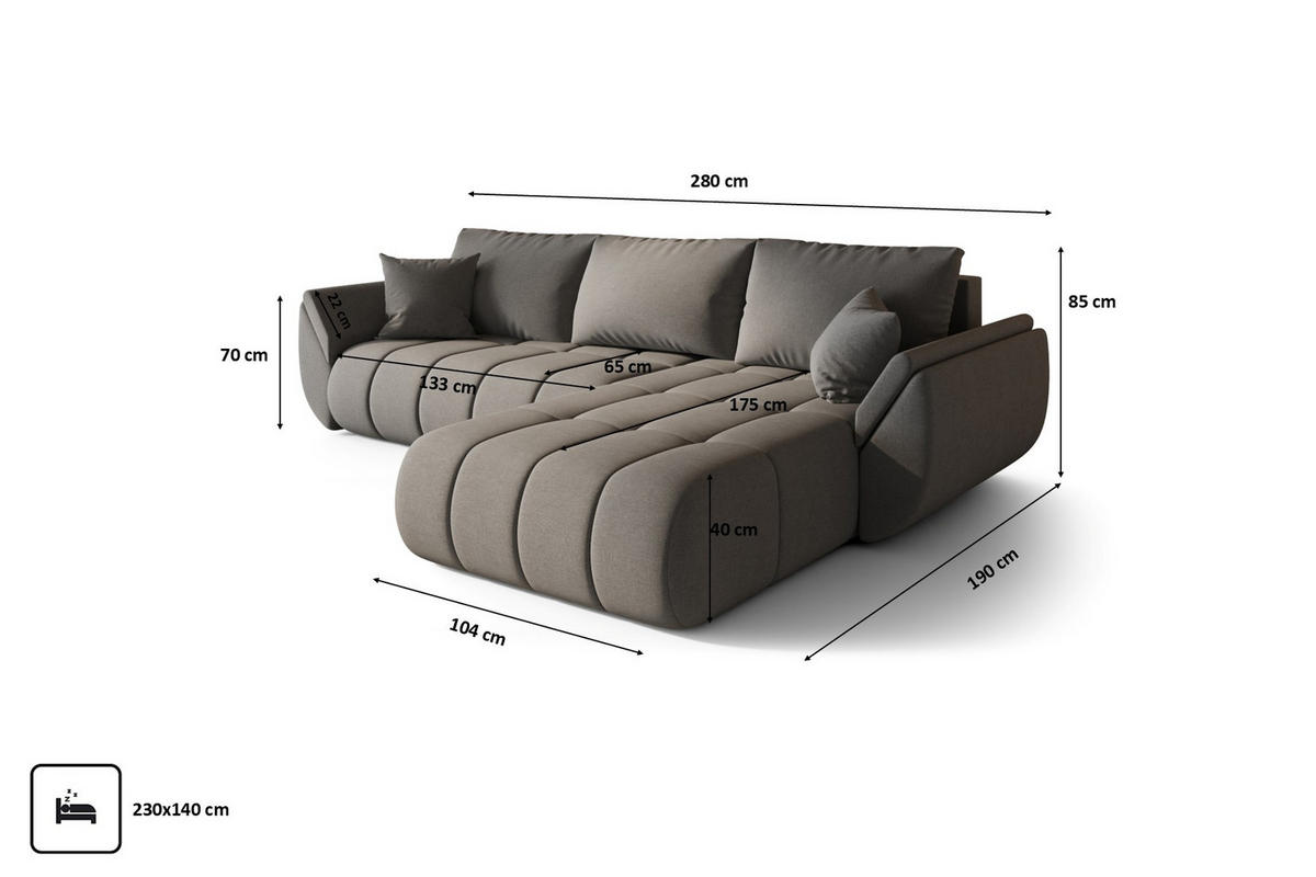 ECKSOFA TOKYO PREMIUM mit Schlaffunktion, Stoff WIND, Stahl, Rechts - Grau, Holz (280/190cm) - Kaiser Möbel