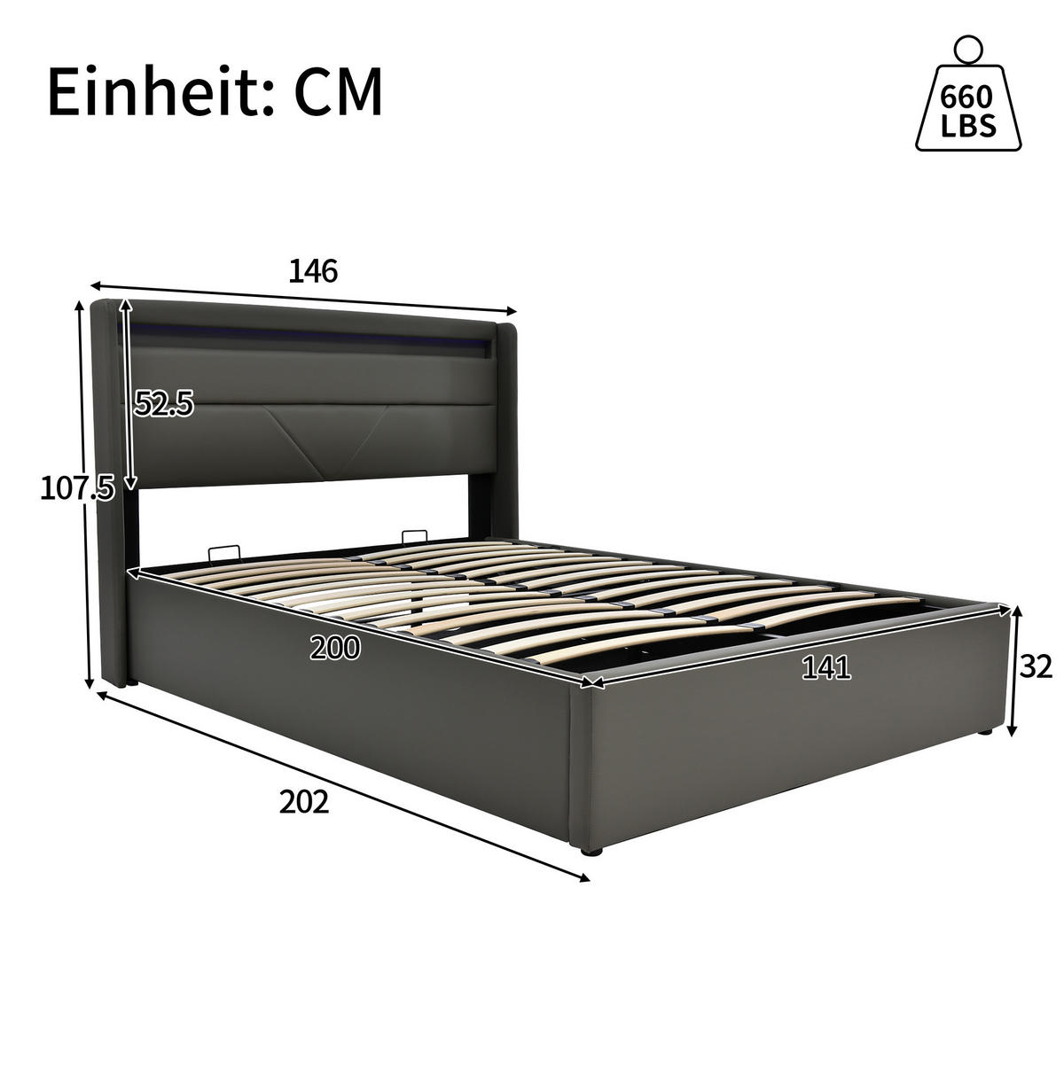 POLSTERBETT mit LED und Bettkasten 140x200 cm PU Grau - Grau, Metall (140/200cm) - Meubliv