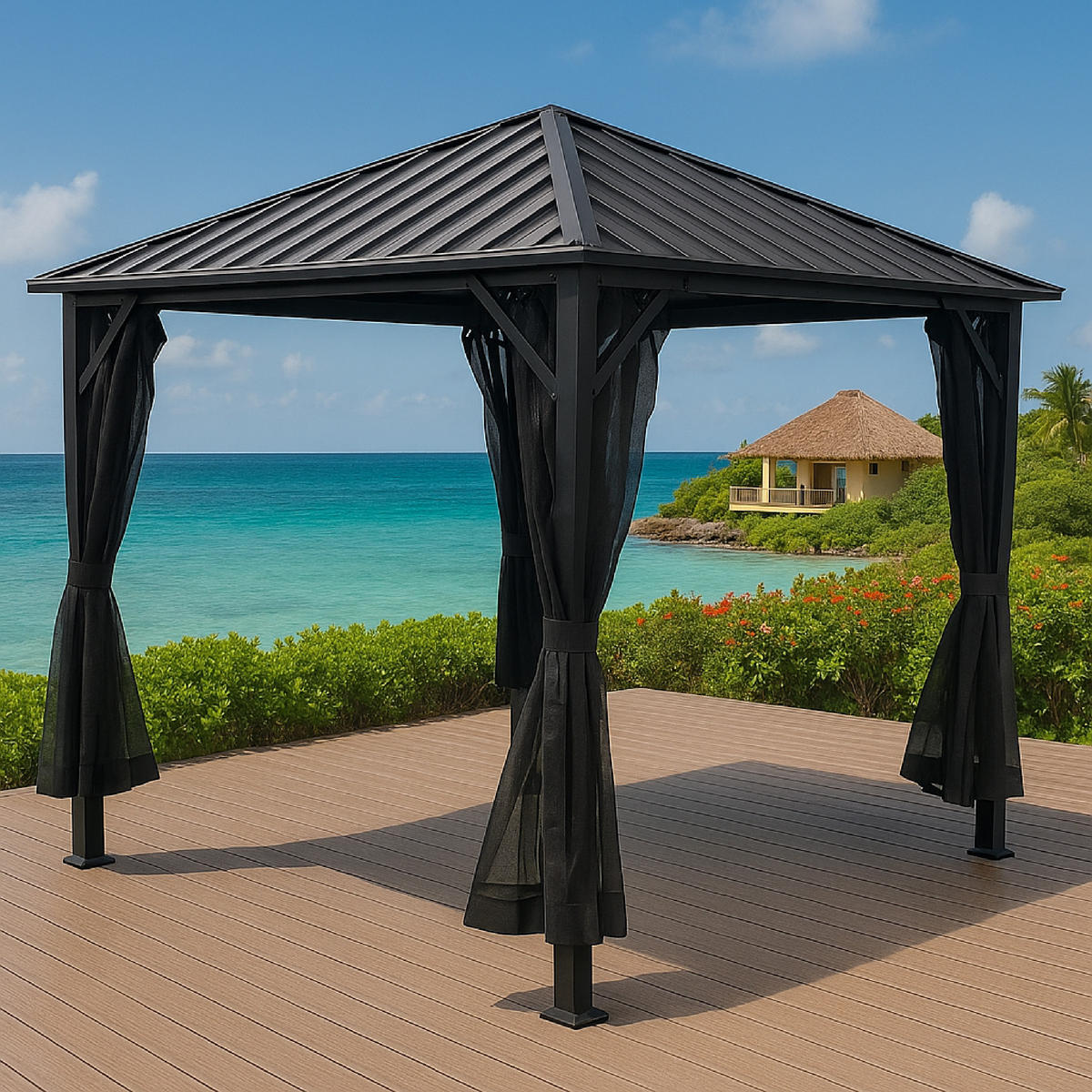 PAVILLON Paisley - 3x3 Meter, Aluminiumgestell 98x98x10mm, pulverbeschichtet. Dach aus Stahlplatten, galvanisier - Grau, Kunststoff (300/275/300cm) - TPFGarden