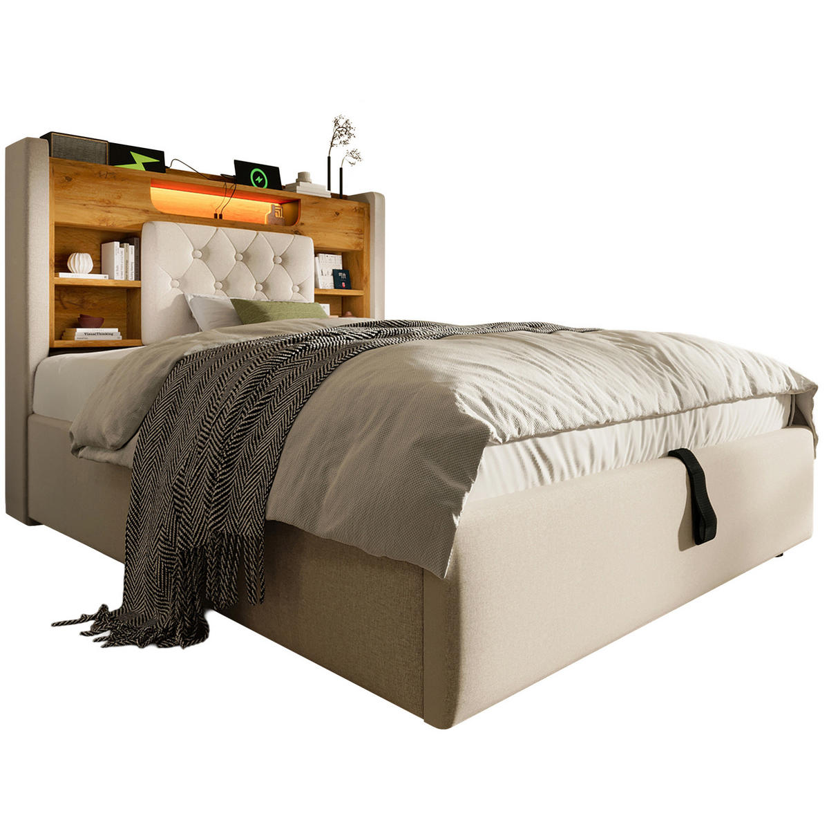 POLSTERBETT 90x200 cm in Beige mit hydraulischem Bettkasten, LED und Ladeanschlüssen - Beige, Textil (90/200cm) - IVMEU