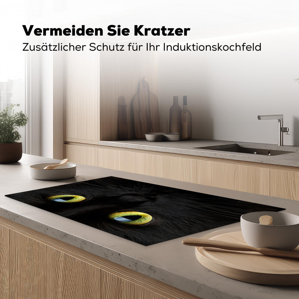 HERDABDECKPLATTE Katze - Augen - Gelb - Schwarz Induktionsschutz 91.6x52.7 cm - Schwarz, Kunststoff (91.6/52.7/0.2cm) - MuchoWow