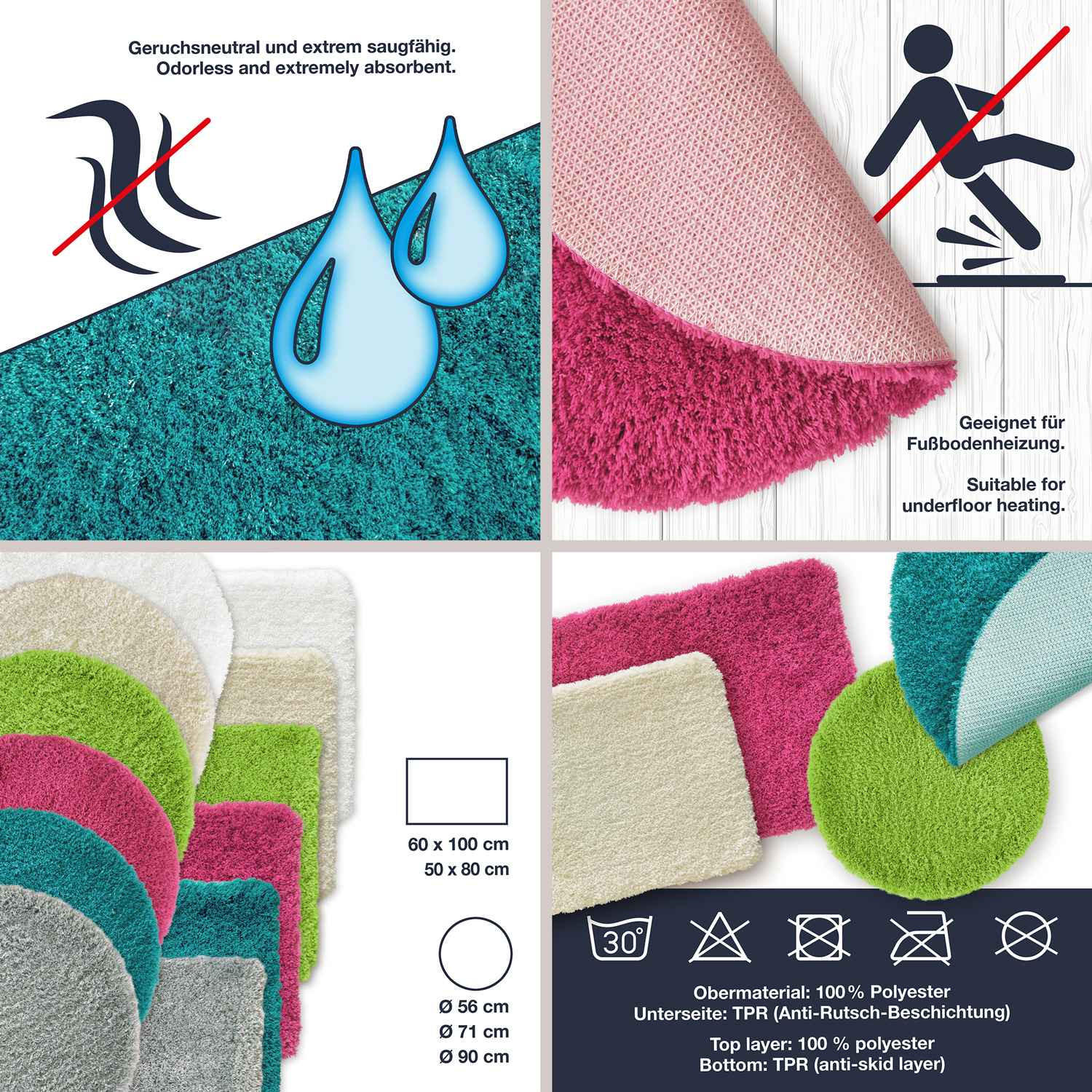 Thumbnail - WohnDirect Hochflor, Petrol, Textil, Rund, 90x90 cm, Oeko-Tex® Standard 100, Badtextilien, Badematten