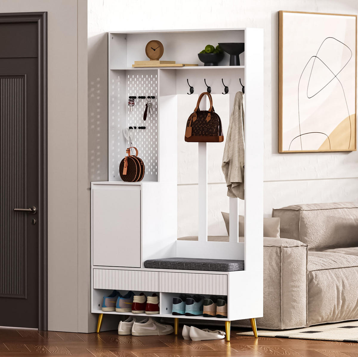 DIELENGARDEROBE mit Sitzbank, 4 Haken und Schuhablage, Weiß, 100/35/180 cm - Weiß, Holzwerkstoff (100/180/35cm) - BEAOK