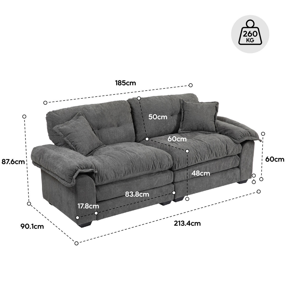 2-SITZER Sofa Chenille Polster mit tiefem Sitz, Doppelschichtkissen 213,4/90,1/87,6 cm Grau - Grau, Textil (90.1/87.6/213.4cm) - Redom