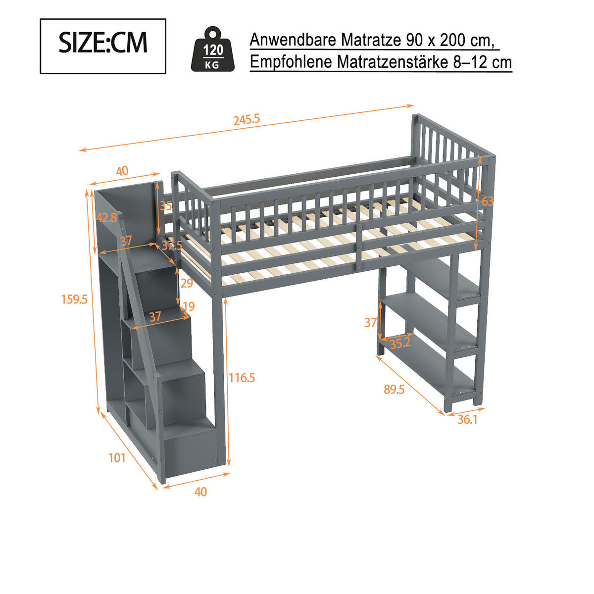 HOCHBETT 90/200 cm grau mit Sicherheitsleiter und Stauraum - Grau, Holz (90/200cm) - OKWISH
