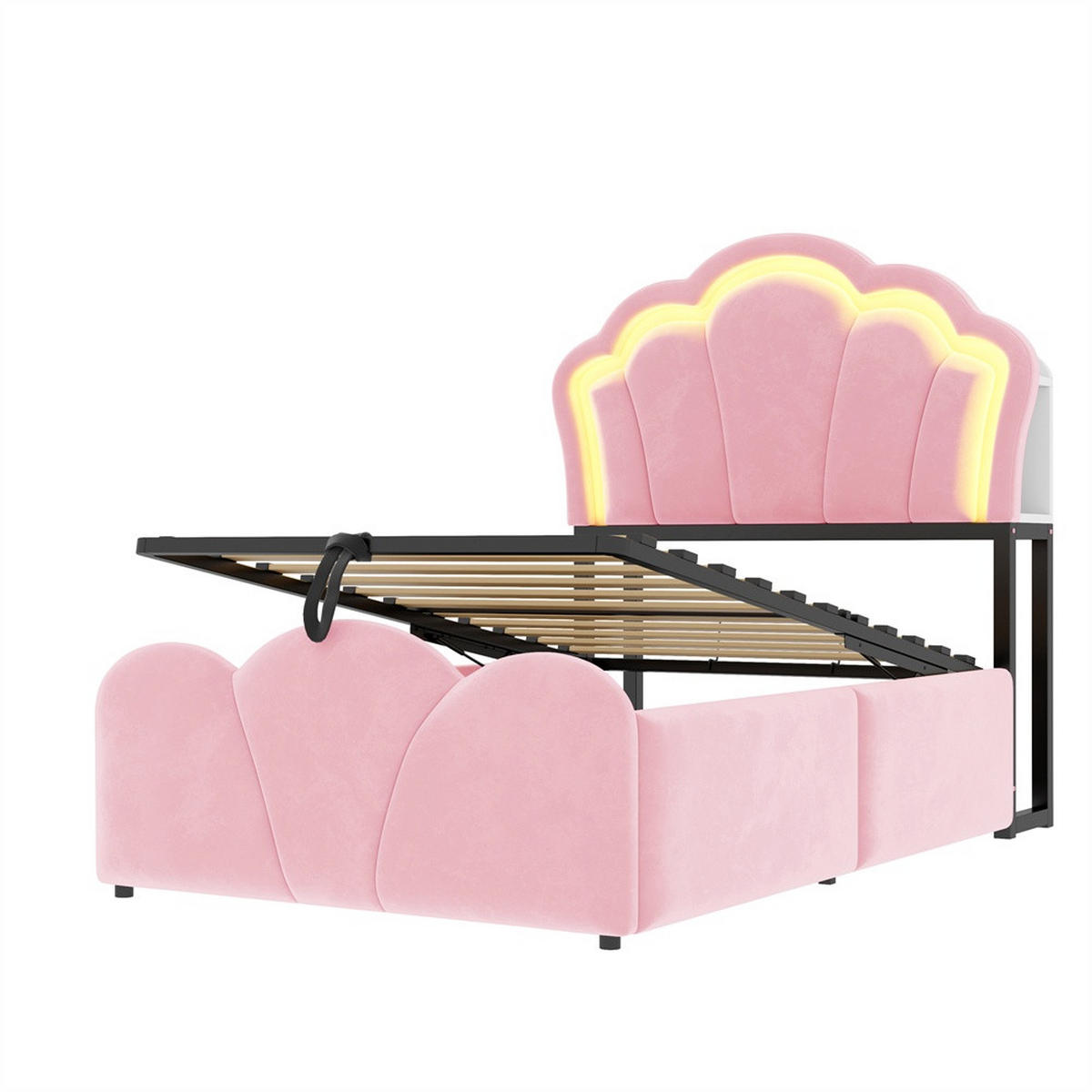 POLSTERBETT 90x200 cm mit hydraulischem Stauraum - LED Beleuchtung & Ladeanschluss - Rosa - ohne Matratze - Pink, Textil (90/200cm) - DELFA