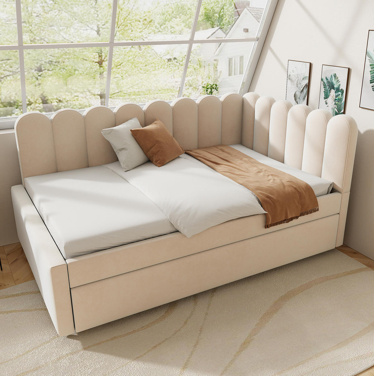 POLSTERBETT 140/200 cm aus Samt mit Ausziehbett in L-Form Beige - Beige, Textil (140/200cm) - Modenvie