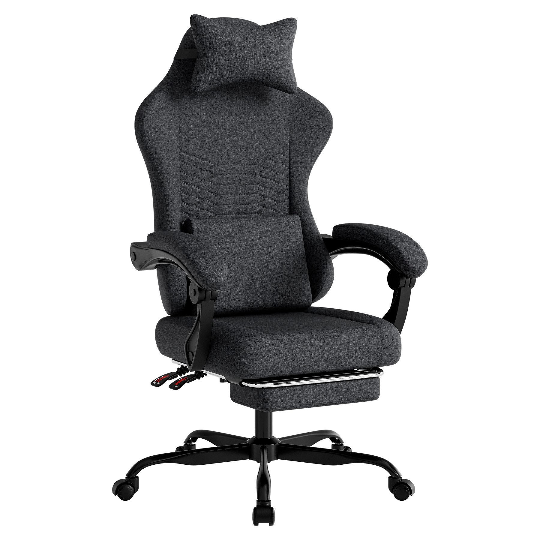GAMING-STUHL ergonomischer, Bürostuhl mit Fußstütze & Lendenstütze - Schwarz, Textil (65/114/65cm)