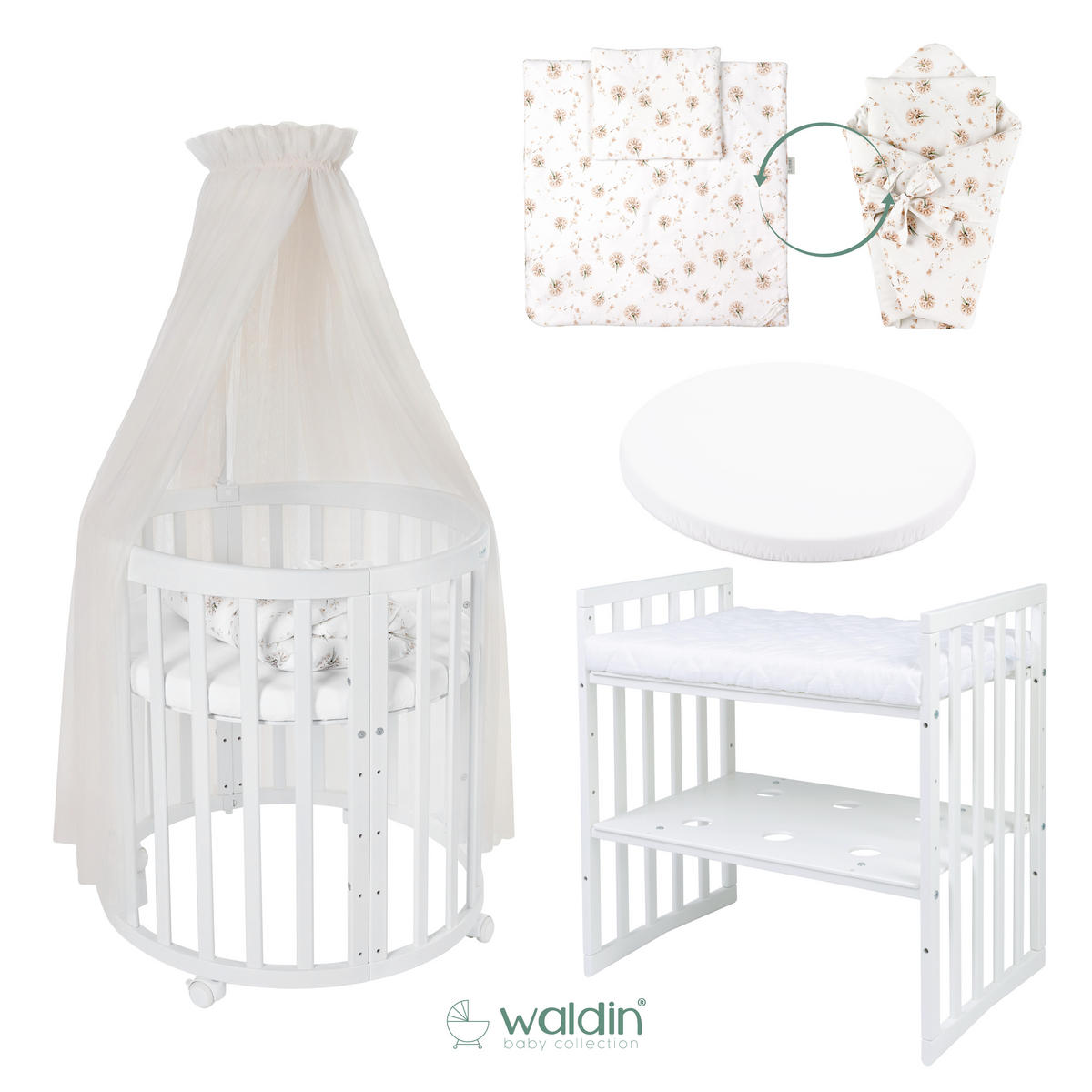 BABYBETT WHITE OVAL 7in1 mit Matratze und Himmelset - Champagner/Weiß, Holz/Textil