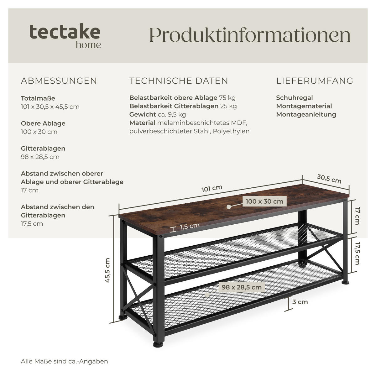SCHUHREGAL Blackpool,101 x 30,5 x 45,5 cm,Industrial Holz dunkel, rustikal - Rostfarben, Holz (30.5/45.5/101cm) - tectake