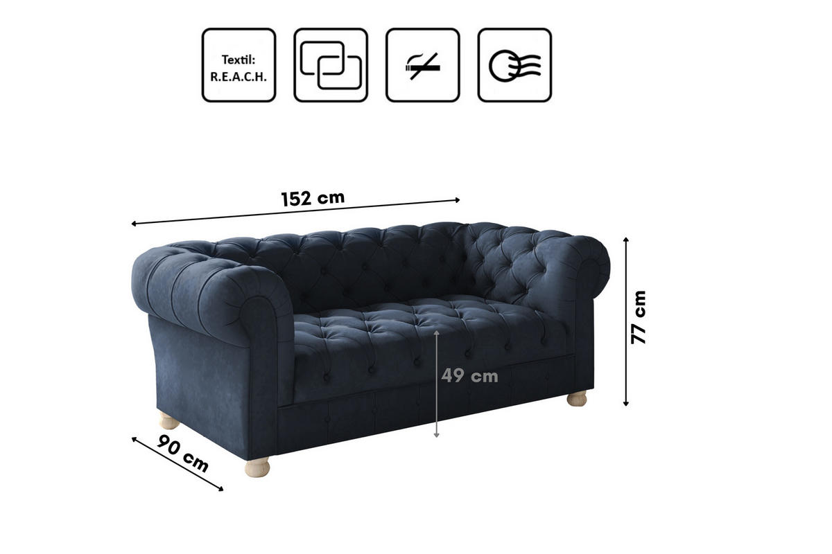 SOFA 2-Sitzer CHESTERFIELD Elegant Klassisch Schick Stoff Whisper Velours Blau - Blau, Holz/Textil (152/77/90cm) - Kaiser Möbel