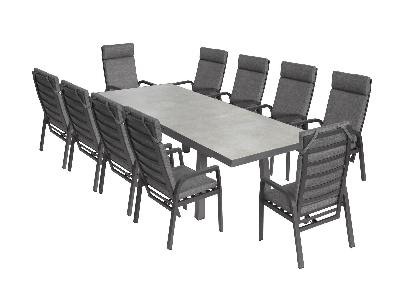 GARTENMÖBEL-SET Georgia 3 Aluminium ausziehbarer Tisch 10x Hochlehner Gartenstühle - Anthrazit/Grau, Kunststoff - Green Spirit