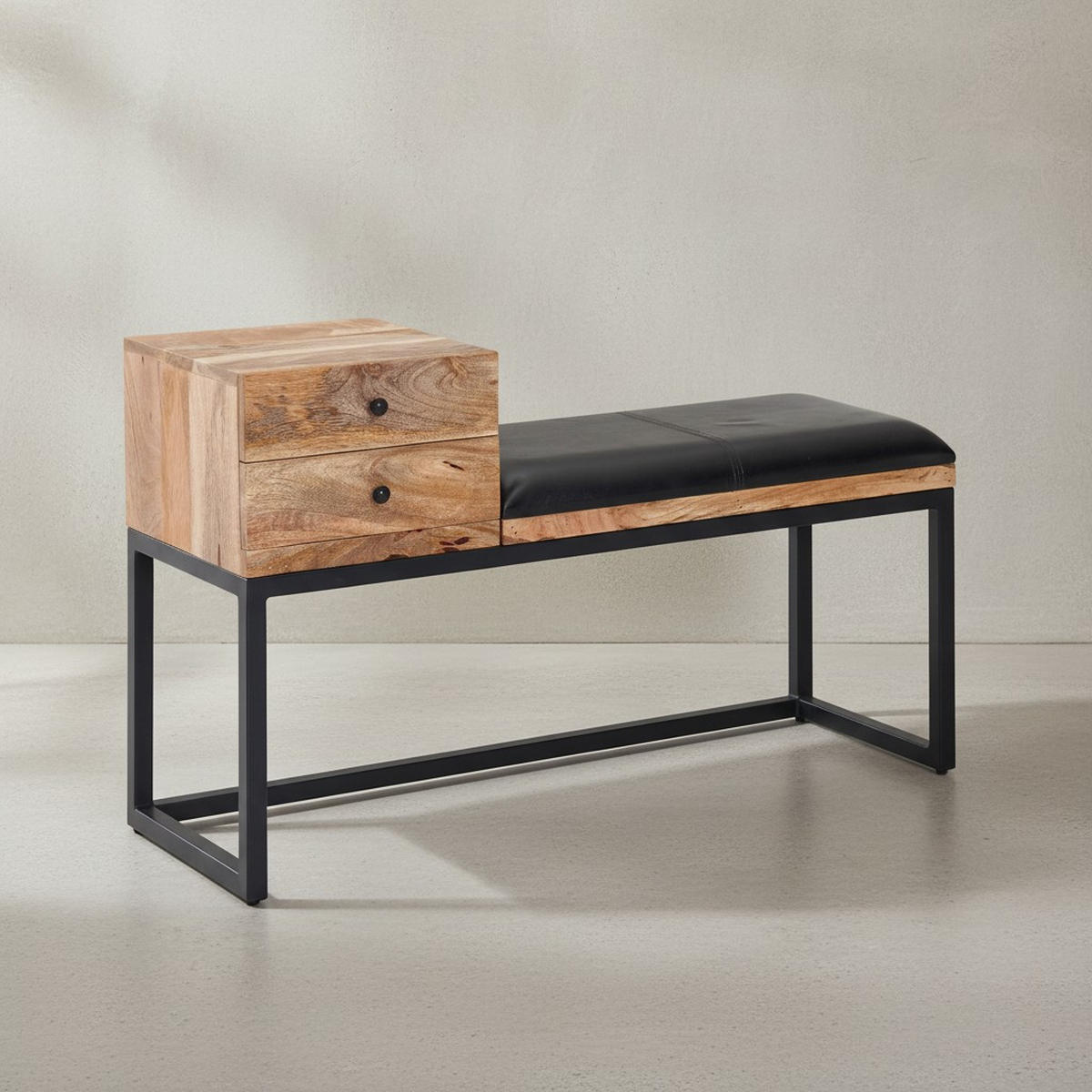 SITZBANK – Ziegenleder/Metall, Schubladen, Retro-Stil - Schwarz/Braun, Leder/Metall (100/60/35cm) - KADIMA DESIGN