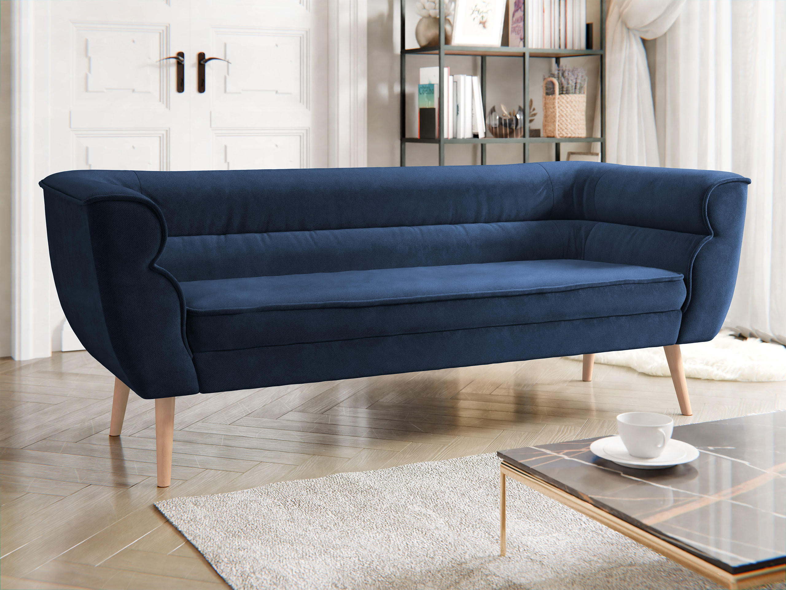 SOFA Bal 3 - Naturfarben/Dunkelblau, Holz/Textil (182/75/74cm) - MIRJAN24