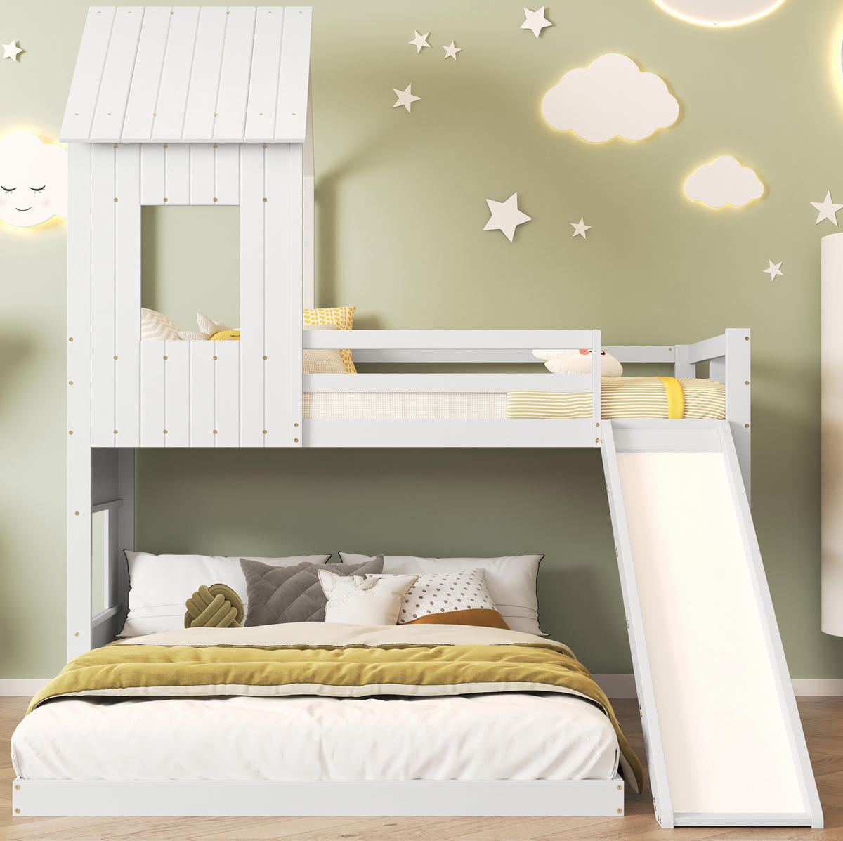 ETAGENBETT aus Kiefer und MDF 90x200/140x200 cm Weiß mit Rutsche, Leiter und Hausbett-Design - Weiß, Holzwerkstoff (90/200cm) - Modfu