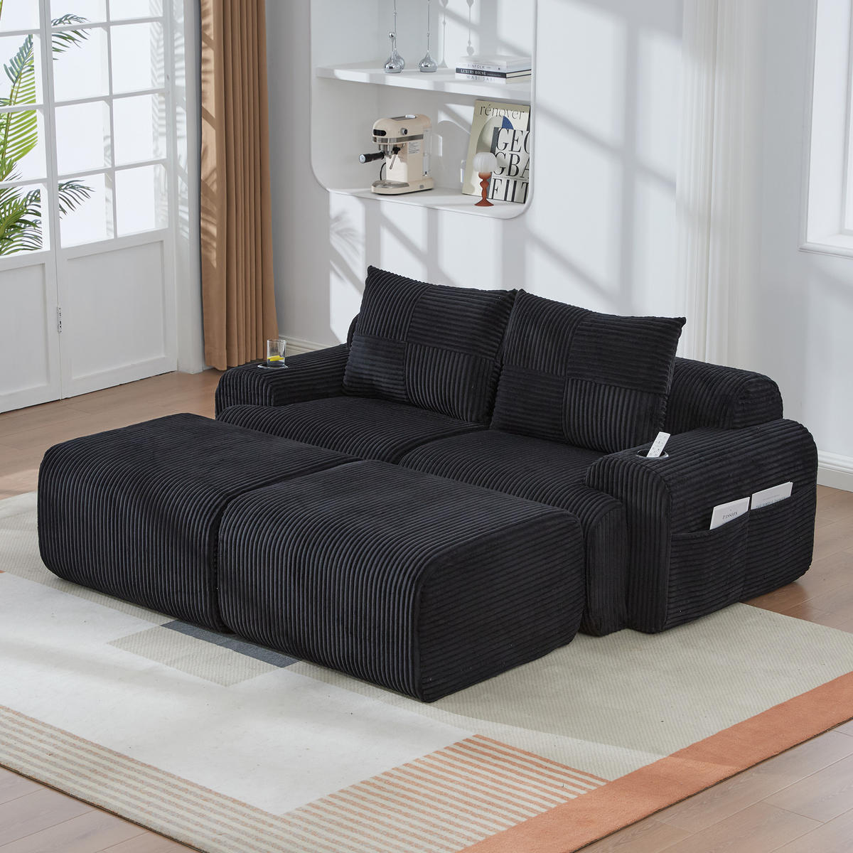 MODULARES 2-Sitzer Sofa Cordstoff mit Getränkehalter und Seitentasche 200/174/80 cm Schwarz - Schwarz, Textil (174/80/200cm) - Redom