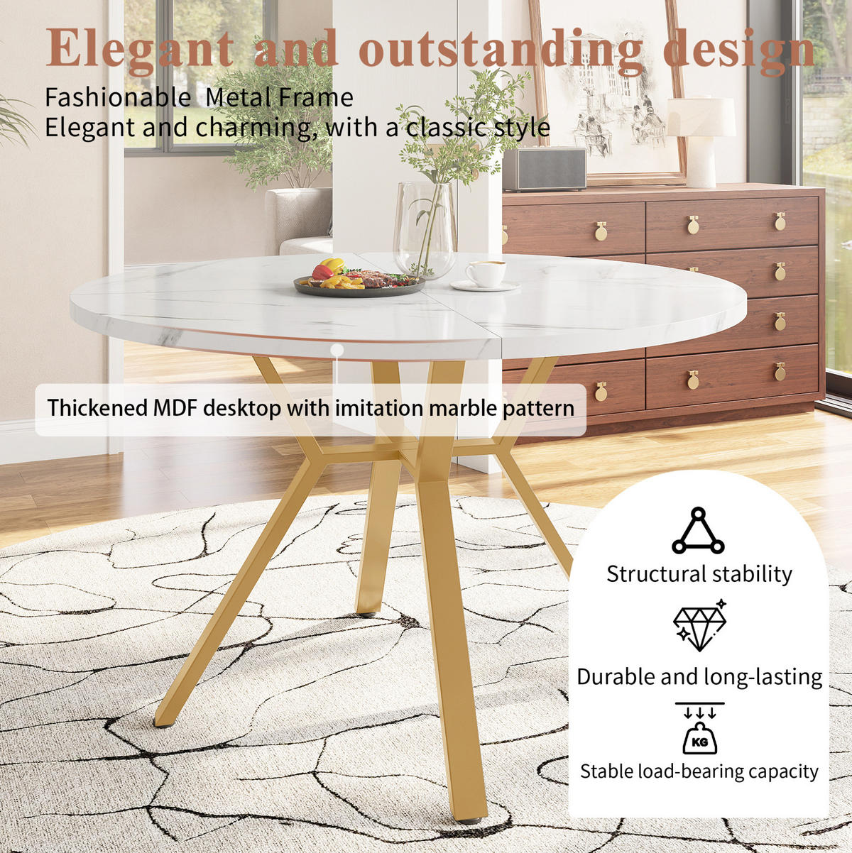 ESSTISCH 100/75/100 cm Weiß/Goldfarben aus MDF und Stahl mit Marmoroptik - Weiß, Holzwerkstoff (100/100/75cm) - OKMYHOME