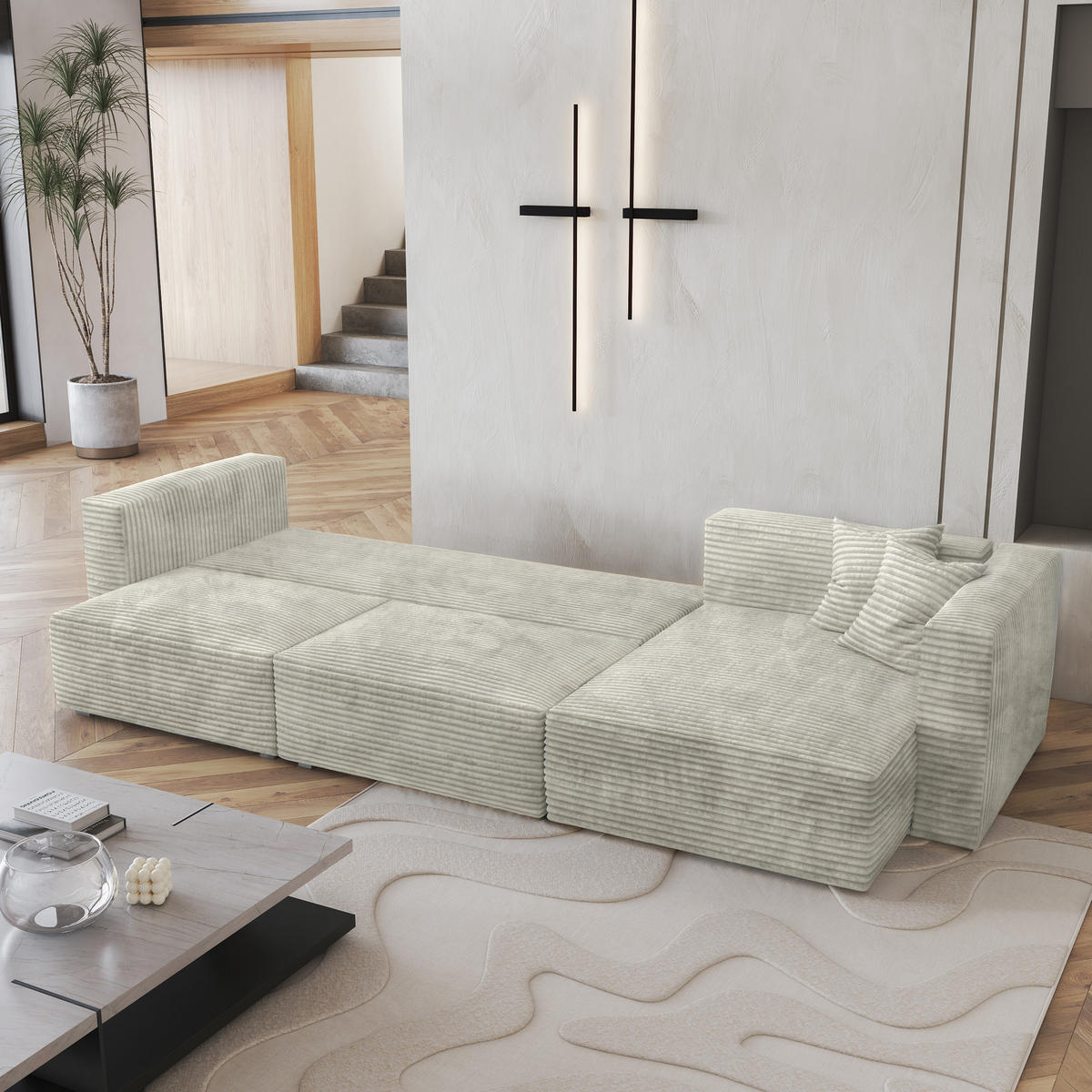 ECKSOFA TOLMO Hellgrau Kordstoff mit Schlaffunktion - Hellgrau, Holz (347/148cm) - MASSENO