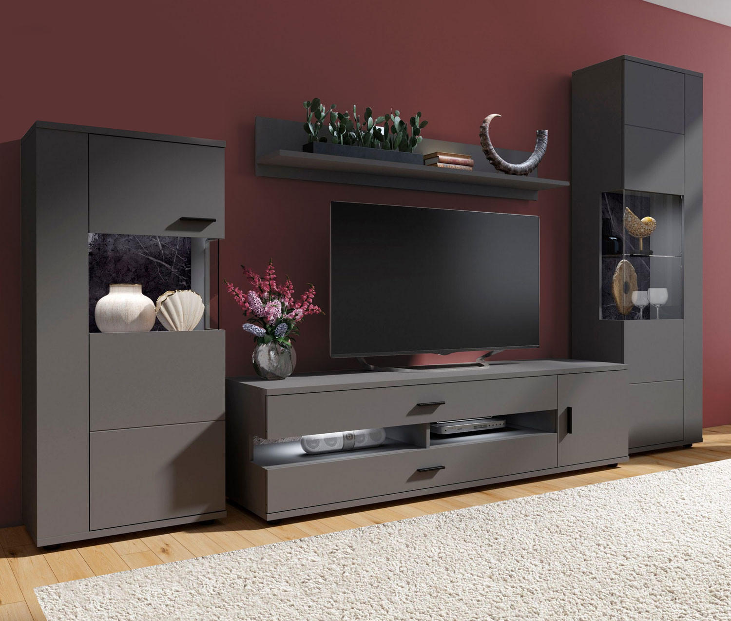 WOHNWAND Henley 4-teilig graphit grau 300 / 37 - 49,5 / 198cm - Graphitfarben/Grau, Holz/Holzwerkstoff (300/198/50cm) - Feldmann-Wohnen