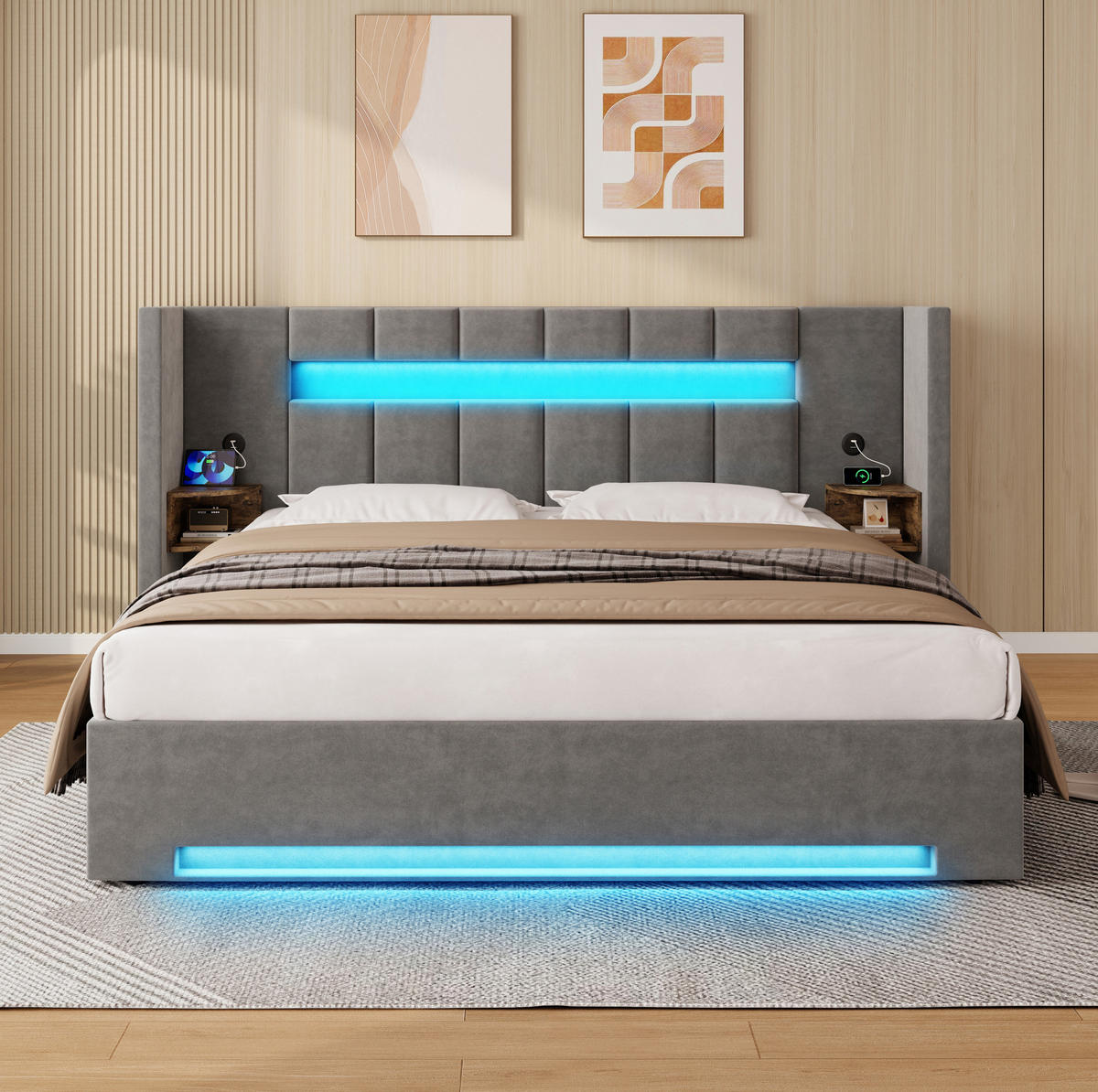 BETT mit Stauraum, USB & LED 180x200 cm Samt Dunkelgrau - Dunkelgrau, Metall (180/200cm) - Meubliv