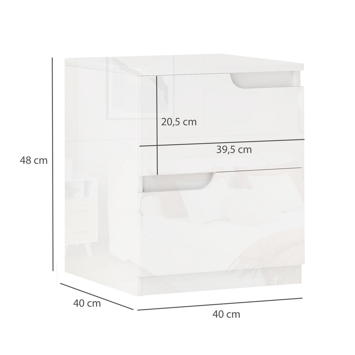 NACHTSCHRANK mit 2 Schubladen, 40 x 40 x 48 cm, Hochglanzweiß - Weiß, Holzwerkstoff (40/48/40cm) - HOMCOM