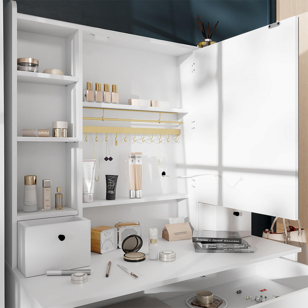 SCHMINKTISCH Livora Weiß 105.5 cm mit LED-Spiegel - Weiß, Holzwerkstoff (105.5/146.5/40cm) - Vicco