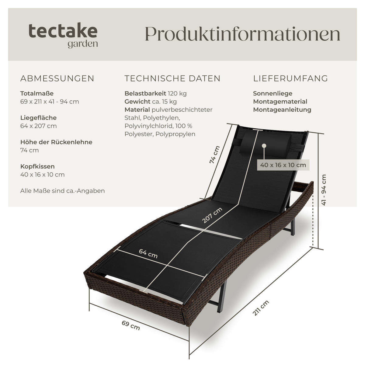 RATTAN-SONNENLIEGE Moana,69 x 211 x 41 - 94 cm,braun gemischt - Braun, Kunststoff (69/94/211cm) - tectake