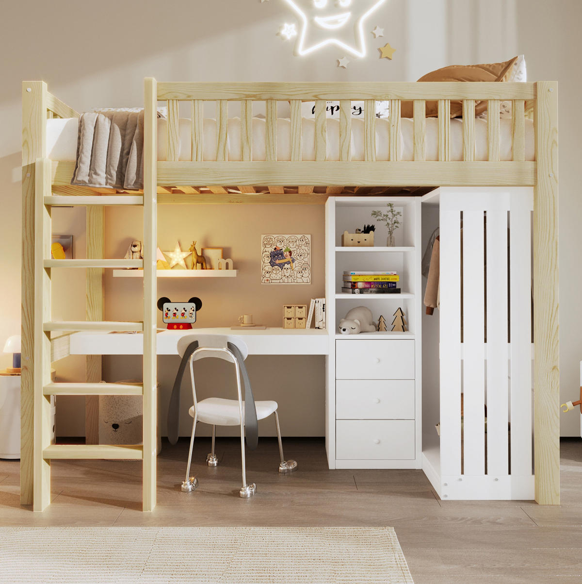 HOCHBETT aus Kiefernholz und MDF 90x200 cm Natur mit Schreibtisch, Kleiderschrank und 3 Schubladen - Naturfarben, Holzwerkstoff (90/200cm) - IVMEU