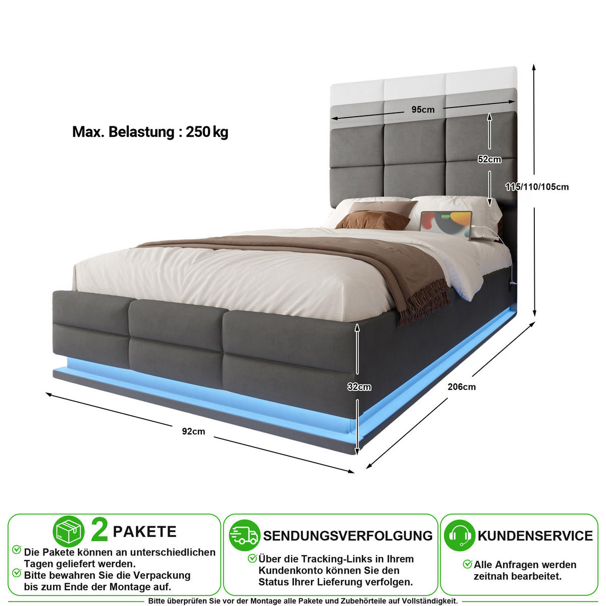 POLSTERBETT 90/200 cm in Dunkelgrau Samt mit Bettkasten, LED und USB - Grau, Holzwerkstoff/Textil (90/200cm) - CHICFURN
