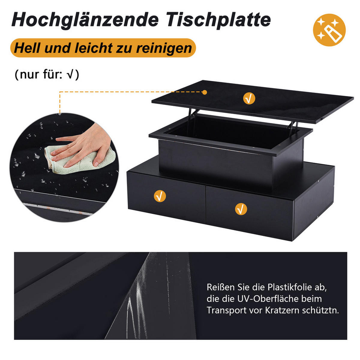 COUCHTISCH 90x55cm Schwarz Hochglanz LED 4 Schubladen Stauraum 30kg - Schwarz, Holz (101.6/65.53/12.7cm) - FLIEKS